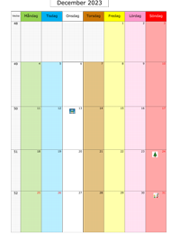 Månadskalender december 2023 med färg