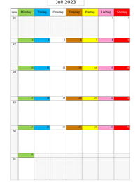 Månadskalender juli 2023 med färgremsa