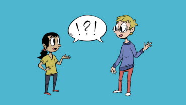 Illustration av ett barn och en vuxen som står och pratar med varandra.