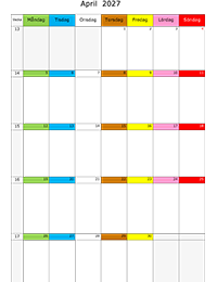 Månadskalender april 2027 färgremsa