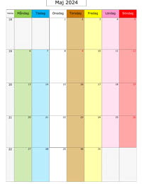 Månadskalender maj 2024 med färg