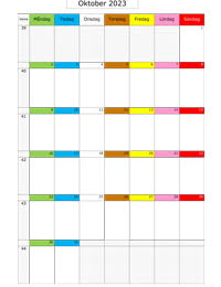 Månadskalender oktober 2023 med färgremsa