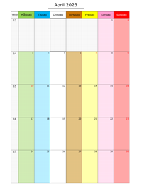 Månadskalender april 2023 med färg