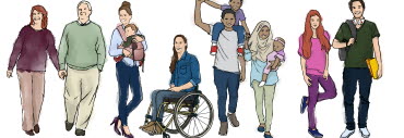 Illustration på olika personer med funktionsnedsättningar