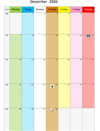 Månadskalender med färg december 2026