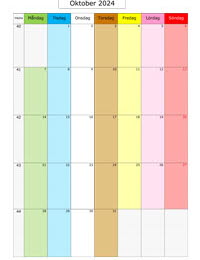 Månadskalender oktober 2024 med färg