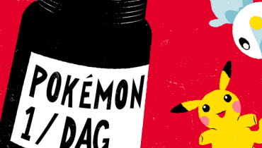 Tecknad bild av en pillerburk med texten: Pokémon 1 / dag. Burkens lock är öppet och ut flyger pokémons.