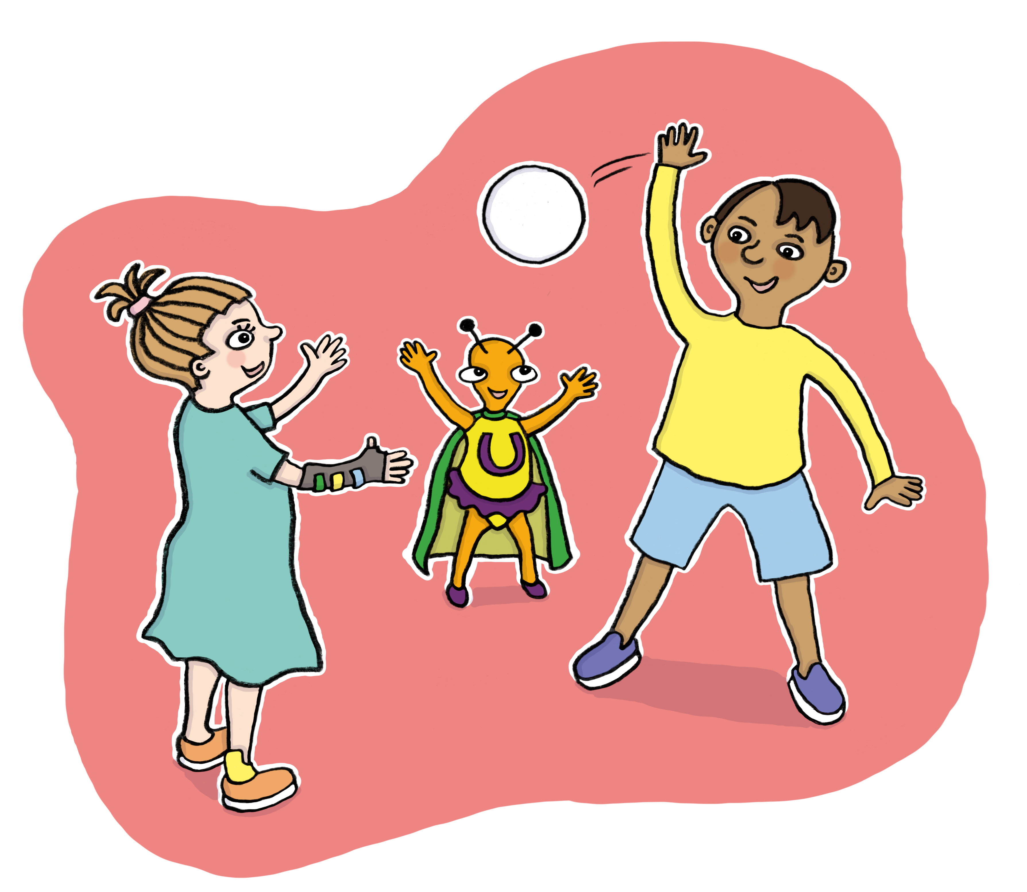 Undra kastar boll med ett barn som har handortos och förhöjning under hälen