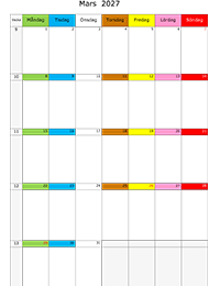 Månadskalender mars 2027 färgremsa