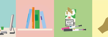 illustrationer med en kvinna vid en dator, böcker, cigaretter och en hand som håller i en mobiltelefon