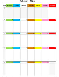 Månadskalender med färgremsa februari 2026