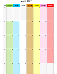 Månadskalender april 2027 med färg