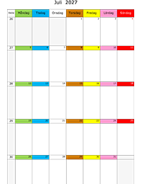 Månadskalender juli 2027 färgremsa