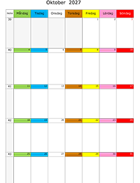 Månadskalender oktober 2027 färgremsa