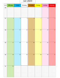 Månadskalender juli 2023 med färg 