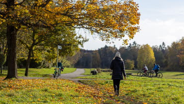 Kvinna som pormenerar i en park under hösten.