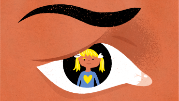 Tecknad bild av en människas öga. Ögat är oroligt. I ögats iris speglas ett barn.